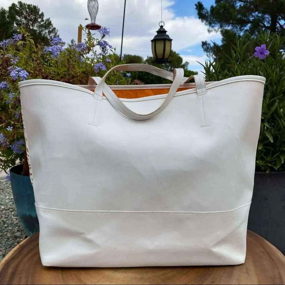 VINCE CAMUTO Laser Cut White Floral Vegan Leather Large Tote Beach Bag Purse